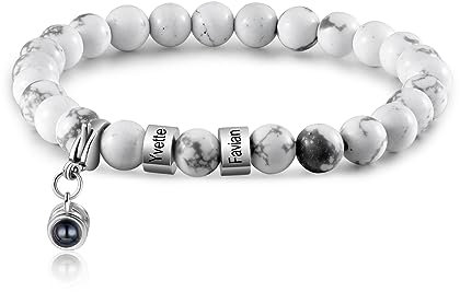 Lam Hub Fong Bracelet Projection Photo Personnalisé Homme avec Gravure Bracelet de Perles avec Nom Idée Cadeau Personnalisée pour Homme (#B)