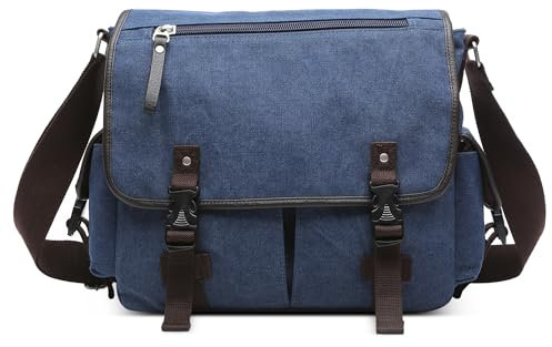 DEEVORCA Vintage Canvas Schultertasche Herren Messenger Bag für 17.3 zoll Laptop Mehrere Taschen Kuriertasche für Urlaub Lässig Geschäftsreise Täglich Leinwand Herren Umhängetasche Blau