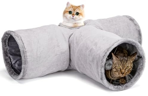 Nobleza Katzentunnel, 3-Wege Faltbar Katzentunnel mit 1 Loch und Katzenspielzeug Ball, T-förmiger Katzenspieltunnel für Katzen, Kaninchen und Meerschweinchen, Grau