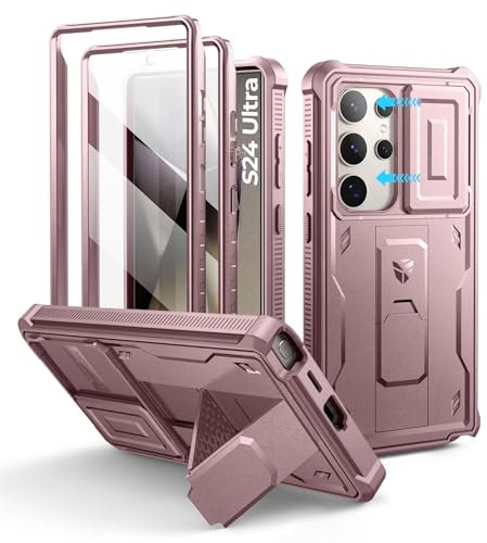 Dexnor for Samsung Galaxy S24 Ultra Case with Built-in Slide Camera Cover & Screen Protector & Kickstand, Heavy-Duty Shockproof Rugged Case Full-Body Bumper Protective Cover for S24 Ultra - Pink