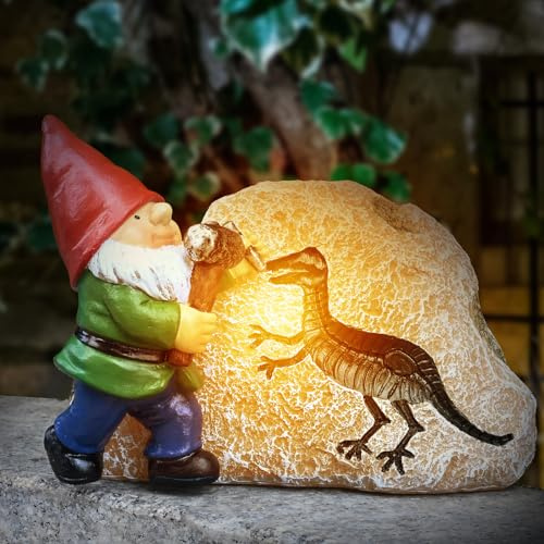 Yiosax Statue de nain de jardin - Décoration extérieure - Statues de nains solaires avec dinosaure en résine - Sculpture pour terrasse, cour, pelouse, décoration de nain de jardin - Cadeau pour femme