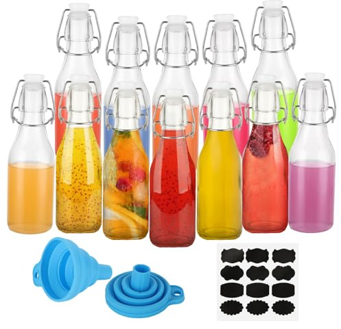 VIDETOL 12 PCS Glass Bottles with Stoppers, 8.5oz/250 ml Swing Top Bottles, Transparent Glass Bottle for Wine, Beverages, Condiments