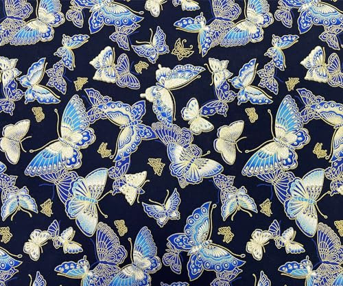 Jukway Tissu en Coton au Mètre, 50 X 145 cm, 100% Coton, Motif Bronzé, Imprimé Floral, pour Couture, Matelassage, Artisanat, Rideaux, Ameublement (09- Design, Bleu)