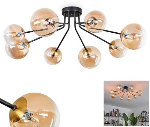 HOFSTEIN Deckenleuchte Chehalis, Deckenlampe aus Metall/Glas in Schwarz/Gold-/Bernsteinfarben/Klar, Leuchte im modernen Retro/Vintage-Design mit Schirmen aus Glas (Ø 12 cm, 15 cm), 8 x G9