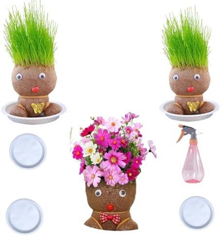 Tête d'Herbe pour Faire Pousser Les Cheveux, Pot à Tête de Poupée, Plante Verte de Bureau, Mini Bonsaï avec Plateau, Plante pour Enfants (Arrosoir)