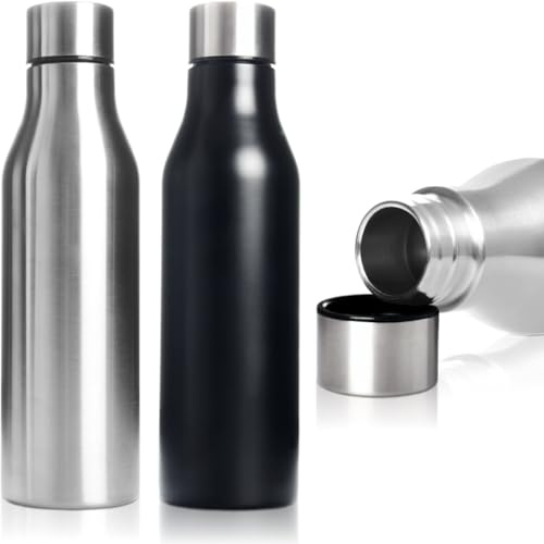2er SET Trinkflasche 450ml Edelstahl isoliert doppelwandig Vakuumflasche Isolierflasche Sportflasche (2er SET Schwarz+Silber)