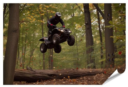 islandburner XXL Bild Poster ATV-Fahrer vollführt Sprung über Waldstamm, Blätter wirbeln dynamisch umher Jugendzimmer ATV-Verleih & Tourenanbieter