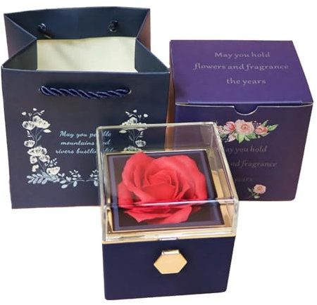 Hopbucan Scatola per Anelli con Rose Portagioie in Velluto Portagioie con Rosa Ruota di 360° San Festa della Mamma per Regali Romantici Blu Scuro