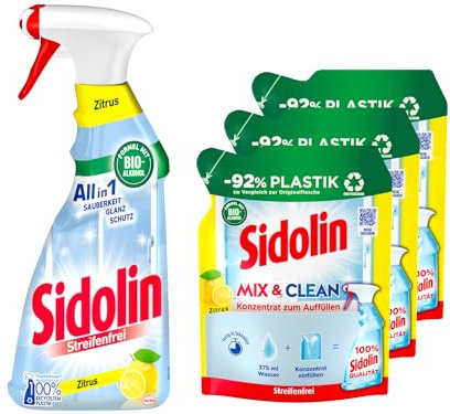 Sidolin Streifenfrei Zitrus Glasreiniger (500 ml) + Sidolin Mix & Clean Konzentrat zum Auffüllen Zitrus (3x 125 ml), All in 1 Glasreiniger für Sauberkeit, Glanz & Schutz, mit Bio-Alkohol