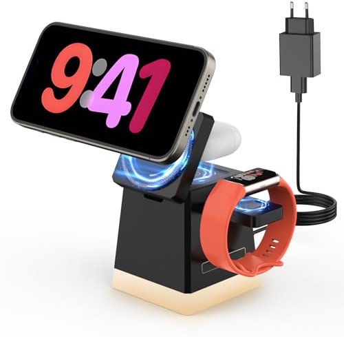 JoyGeek 3 in 1 Kabelloses Ladegerät für Fitbit Charge 6 mit 30W Adapter, Magnetische Ladestation für Fitbit Charge 6/5/Luxe, Mag Safe Ladegerät für iPhone 15/14/13/12Serie, für AirPods 2/3/Pro,Schwarz