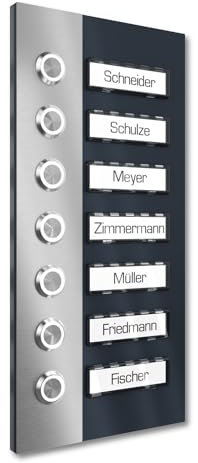 Graviers Design Mehrfamilienhaus Aufputz Klingel 7 Namensschilder austauschbar - V2A Edelstahl Türklingel 140x290 mm Pulverbeschichtet RAL 7016 - LED Klingeltaster Beleuchtung wählbar