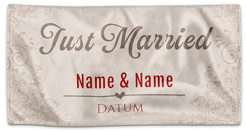 Print Royal PR Personalisiertes Handtuch - Just Married - mit Name und Datum gestalten, Badetuch Bedrucken, Hochzeitsgeschenk, Geschenk zur Hochzeit | Persönliches Fotohandtuch - 100 x 50 cm