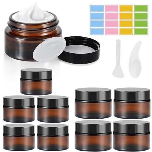 Mauepersu 10 Stück Amber Glas Leerdose,Tiegel Cremedose 20/30ml Braunen Glasbehälter,Mit Aufkleber, Nachfüllbare Behälter Glasbehälter mit Deckel und Liner für Kosmetik Cremes Lotionen ätherische Öle