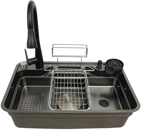 Spülbecken Edelstah, Spüle küche, Einbauspüle Workstation, Arbeitsplatte Küchenspüle 1 Becken mit Unterlegscheibe & Ausziehbarer Wasserhahn & Ablaufvorhang, 75 * 48 * 22cm Schwarz Waschbecken