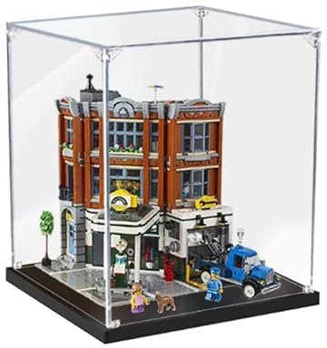 HCAEIOFJ Clear Acrylic Display Case for Lego Creator 10264 Applicable for Expert Corner Garage Dustproof Display Box Gift(Display Case Only,) (Black Bottom 3mm)