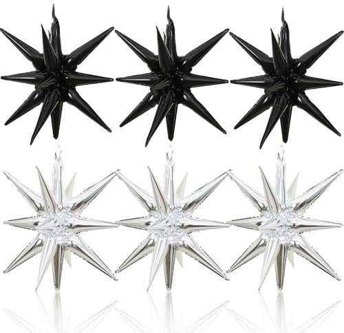 HILAVO Stern Ballons Schwarz Silber, 6 Stück 22 Zoll Groß HILAVO Stern Folienballons Foil Explodieren Stern Luftballons für Hochzeit Geburtstag Graduierung Silvester Party Deko