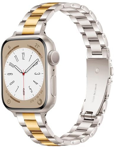 Vamyzji Compatible with Apple Watch Series 10 Strap 42mm 41mm 40mm 38mm for Women/Men, Stainless Steel Slim Metal Gold Apple Watch Strap for SE, iWatch Series 10 9 8 7 6 5 4 3 2 1(Starlight/Gold)