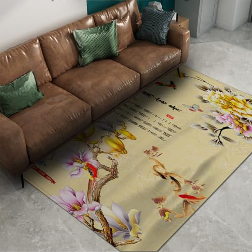 Chinesischer Stil Nachttisch Großer Teppich Bunt Reich Pfingstrose Blume Viel Glück Koi Glücksverheißende Elster Flauschig Anti-Rutsch Low Flor Dünner Teppich 120x180cm