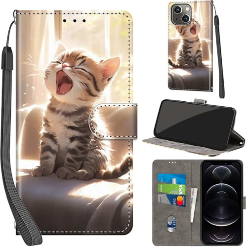 PHINIENLAND Handyhülle für iPhone 13 / iPhone 14 Hülle Leder Wallet Katze | 3 Kartenfächer & 1 Geldfach, Magnetverschluss, Ständerfunktion, robuste premium PU leder klapphülle für iPhone 13 / 14