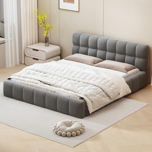 DULRLLY Bubble Bett, Jugendbett 140x200 Bett mit Lattenrost, Polsterbett mit Gepolstertes Kopfteil, Doppelbett Bettgestell für Schlafzimmer und Gästezimmer,Ohne Matratze, Leinenstoff (Grau)