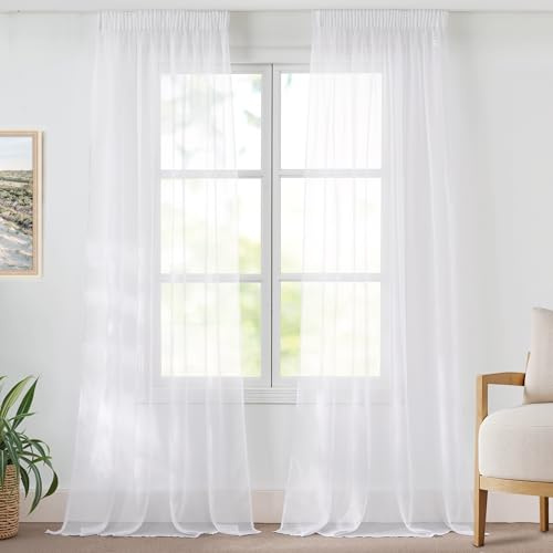 PONY DANCE Wohnzimmer Gardinen Transparent Weiße Vorhänge für Schienen | 2er Set, H260 x B140 cm, Sheer Curtains, Voile Gardinen, mit Kräuselband Röllchen, für Schlafzimmer Wohnzimmer Kinderzimmer