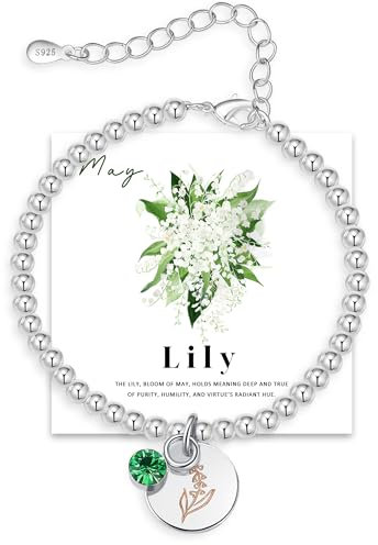 FENNELISA May Lily Of The Valley Birthflower Bracelet Gift,May Birthstone Bracelet for Women Girls with Birthday Card Friendship Gifts for Women Mum Daughter Sister Grandma