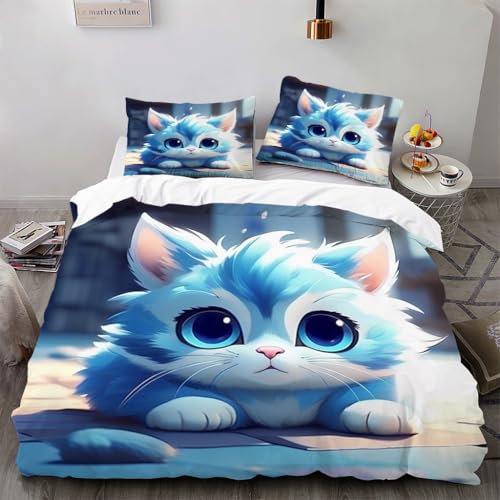 Zbeiba Bettwäsche 135x200cm 3 Teilige,Cartoon Blaue Katze Monster Bettwäsche Set,Kinder Junge Mädchen Bettbezug mit Reißverschluss+2 Kissenbezug（135x200+2 * 80x80,Sti3）