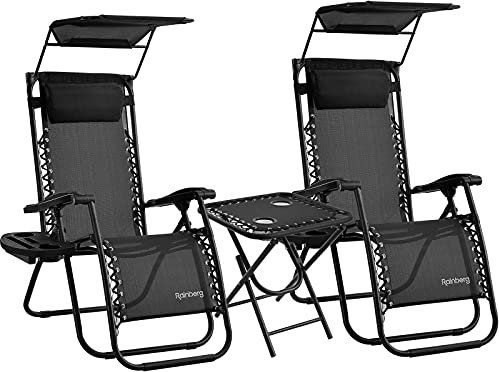 Rainberg Zero Gravity Lounger Chair, Outdoor & Garden Sunloungers, Folding Reclining Patio Chair, Cup Holder, Soft Cushion and Headrest for Poolside, Camping, Coffee (Pack of 2 Chiars with Table)
