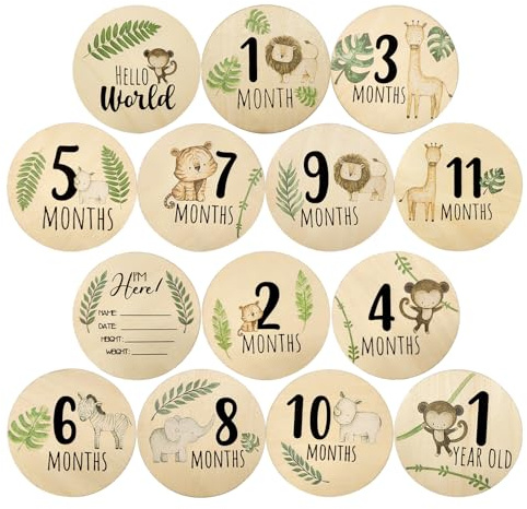 7 Tarjetas de Hitos de Bebé | Tarjetas de Madera de Doble Cara para Hitos Mensuales | Tarjetas Redondas de 4.84in/11.9cm para Regalo de Recién Nacido (Tema Animal)