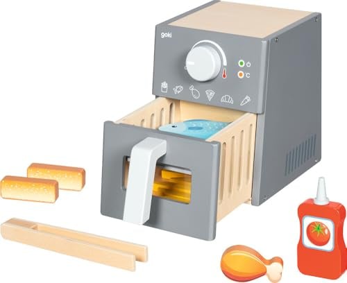 goki 51430 - Airfryer mit Zubehör, Spielzeug Heißluftfritteuse aus Holz, 16-teiliges Set mit Holzzange, Fleisch, Fisch, Fischstäbchen, Pommes, Ketchup - Zubehör für Kaufmansladen & Spielküche