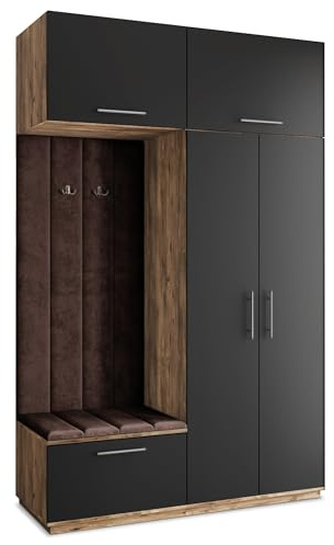 Masseno Flugarderoben Set Rema, Kleiderschrank-Set mit Sitzbank, Garderobenschrank Flur mit 5 Regalböden, Eiche Lefkas/Schwarz