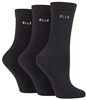 ELLE Ladies Cotton Socks 3pk- Plain, Striped and Patterned Soft Cotton Socks with Hand Linked Toes Multipack of 3 Pairs Size 4-8 Black 4-8
