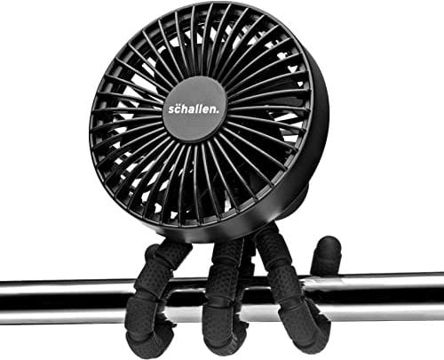 Schallen Rechargeable 4 Way Portable Lightweight Fan for Pram Fan, Car Seat, Desk, Office, Travel Fans | Clip on, Handheld, Tripod & Phone Holder (Black)