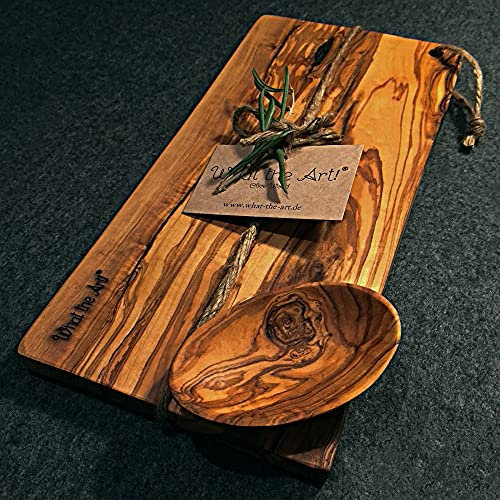 What the Art!® Olive Wood «Karo» Gr. M | Olivenholz Schneidebrett inkl. Dip-Schälchen | Handarbeit | 30 x 15 x 2 cm | Käsebrett - Hackbrett - Tranchierbrett - Servierbrett