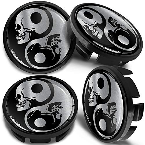 SkinoEu Compatible avec Cache-Moyeu VW 65mm Capuchons de Centre Enjoliveurs de Roué Voiture Jante Noir Argent Crâne Yin Yang CVZ 2