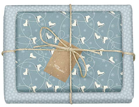 dabelino® Geschenkpapier Winter/Weihnachten Schlittschuhe/Schneeflocken: 4x Bögen + 4x Anhänger Set (Kinder, Erwachsene, umweltfreundlich, öko, blau, weiß, Weihnachtsgeschenkpapier)