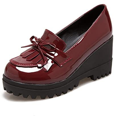 Scarpe con Tacco a Zeppa per Donna Mocassini Casual Eleganti con Nappe con Nodo a Fiocco in Pelle Verniciata Scarpe con Plateau Antiscivolo Resistenti