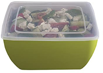 Vaisselle de camping en mélamine vert citron/blanc avec couvercle souple à fermeture hermétique pratique.