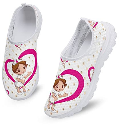 Dolyues Weiß Cartoon Krankenschwester Print Damen Leichte Casual Slip On Schuhe,Atmungsaktive Walking Jogging Trainer Sneakers