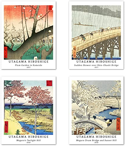 Berkin Arts Kunstdruck Ungerahmt Japanese Ukiyo-e Bilder Set von 4, Poster Größe: 20x25 cm Premium Kunstpapier Wanddeko Hochauflösend Asthetisches Passenden Home Deko Utagawa Hiroshige Poster