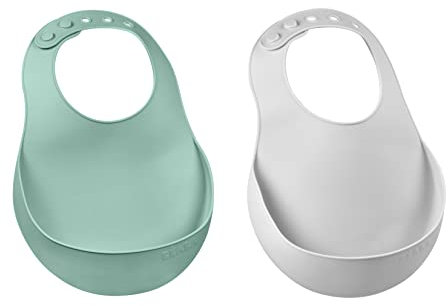 BÉABA Juego 2 Baberos Bebé Silicona Impermeable, Ajustable Cuello, Gran Bolsillo Recogedor Restos Comida, Flexible, Ligero, Ultrasuave, Fácil de limpiar, verde salvia y light mist