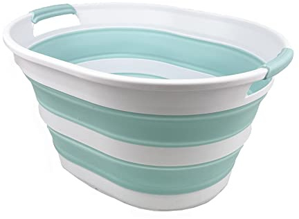 SAMMART Wäschekorb aus Kunststoff, zusammenklappbar, 23 l, ovale Wanne/Korb – faltbarer Aufbewahrungsbehälter/Organizer – tragbare Waschwanne – platzsparender Wäschekorb (1, Weiß/Seegrün)