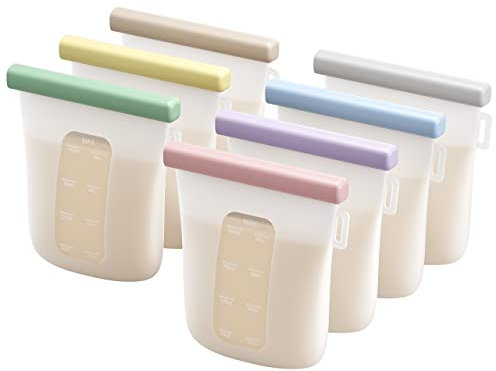 Nuliie 7 Uds Silicona Bolsas Leche Materna Reutilizable, Bolsas Leche Materna Congelar Doblemente a Prueba de Fugas, Sin BPA 8oz/240ml Autoportantes Bolsas Almacenamiento Leche Materna