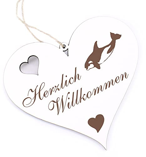 Herzlich Willkommen Schild - Orca Schwertwal - Deko Herz Holz Willkommensschild Türschild Dekoschild Türdeko