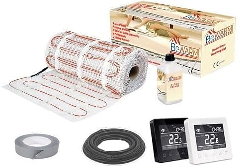 BeWarm Electric Underfloor Heating Kit, 100w / m2 Sticky Mat (10m2, Smart Black WiFi Thermostat)