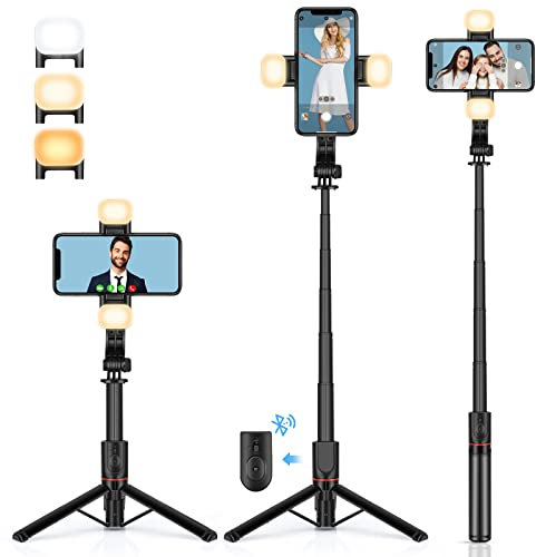 UTEBIT Palo Selfie,2 Luces De Relleno, Palo Selfie Tripode para Movil 108 CM con Control Remoto Desmontable, 360 Grados De Rotación Clip De Teléfono Compatible con La Mayoría De Los Teléfonos Móviles