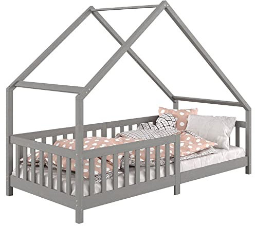 IDIMEX Lit cabane CORA lit Enfant Simple Montessori asymétrique en Bois 90 x 190 cm en pin Massif lasuré Gris