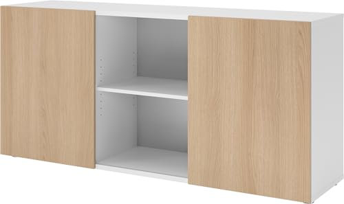 bümö Schwebetürenschrank, Sideboard Weiß/Eiche - Büromöbel Sideboard Holz 160cm breit, 42cm schmal, Büro Schrank mit Schwebetür für Flur oder als Wohnzimmer-Kommode