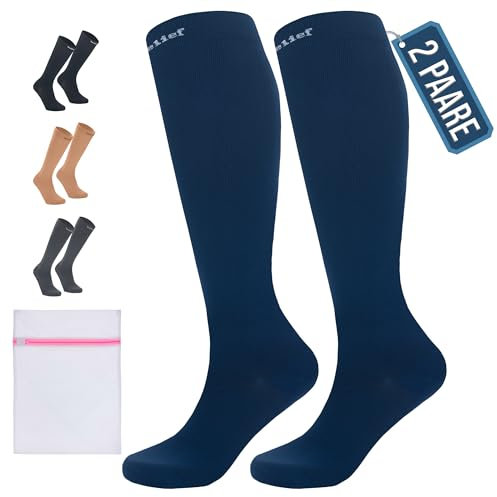 360 Relief Kompressionsstrümpfe Damen und Herren - 2 Paare Kompressionssocken Einfarbig für Sport, Laufen, Flug, Reise, Joggen, Radsport, Kniestrümpfe, L/XL Blau mit Wäschenetz