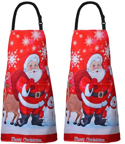 XIEJINJIA 2 Stücke Weihnachtsmann Verstellbare Schürze Lange Krawatten mit 2 Taschen Küche Kochen Backen Gartenarbeit Malerei für Frauen Männer